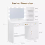 Makeup Vanity Desk with Mirror - 3 Drawers, 2 Cubbies, Cabinet, Open Shelves - Wooden Dressing Table for Bedroom or Dressing Room - White