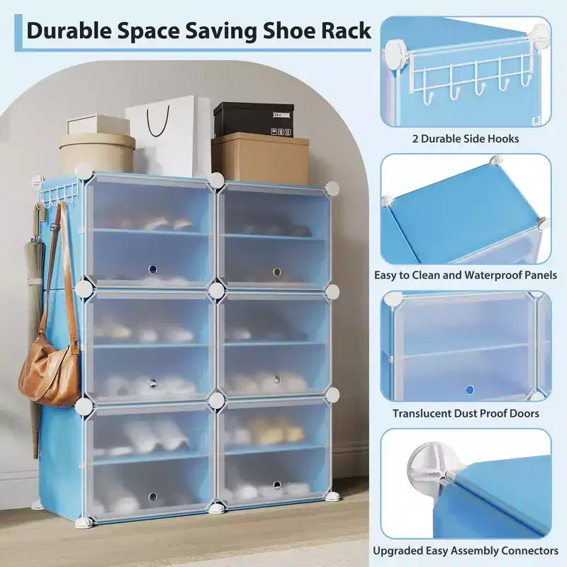 6-Tier Double Row Shoe Rack Organizer with Hooks, Freestanding 12-Cubby Footwear Storage Shelf Unit for Closet Entryway & Bedroom, Black