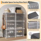 6-Tier Double Row Shoe Rack Organizer with Hooks, Freestanding 12-Cubby Footwear Storage Shelf Unit for Closet Entryway & Bedroom, Black