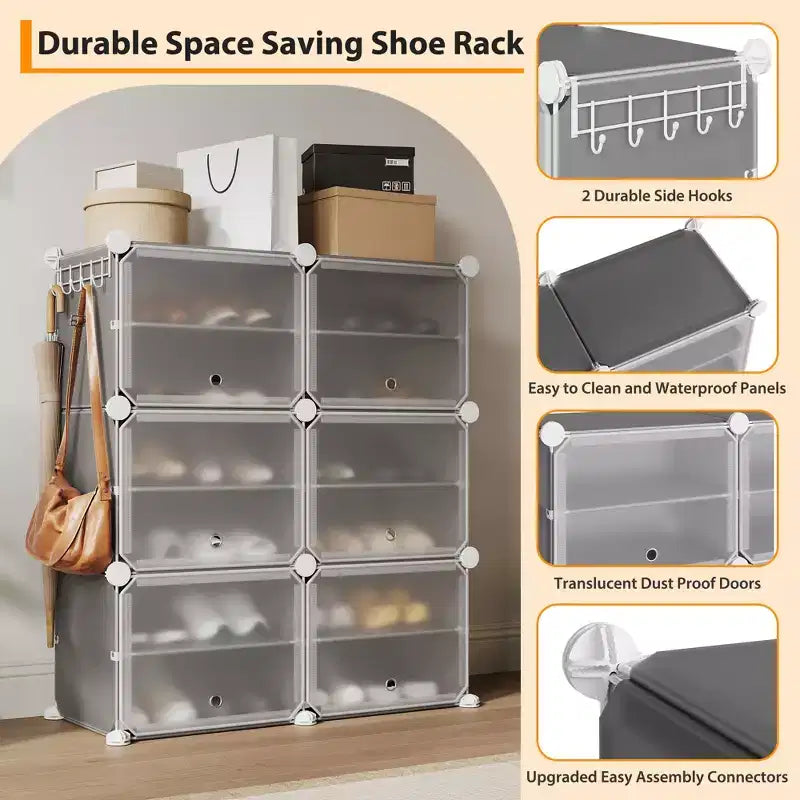 6-Tier Double Row Shoe Rack Organizer with Hooks, Freestanding 12-Cubby Footwear Storage Shelf Unit for Closet Entryway & Bedroom, Black