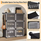 6-Tier Double Row Shoe Rack Organizer with Hooks, Freestanding 12-Cubby Footwear Storage Shelf Unit for Closet Entryway & Bedroom, Black