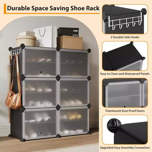6-Tier Double Row Shoe Rack Organizer with Hooks, Freestanding 12-Cubby Footwear Storage Shelf Unit for Closet Entryway & Bedroom, Black