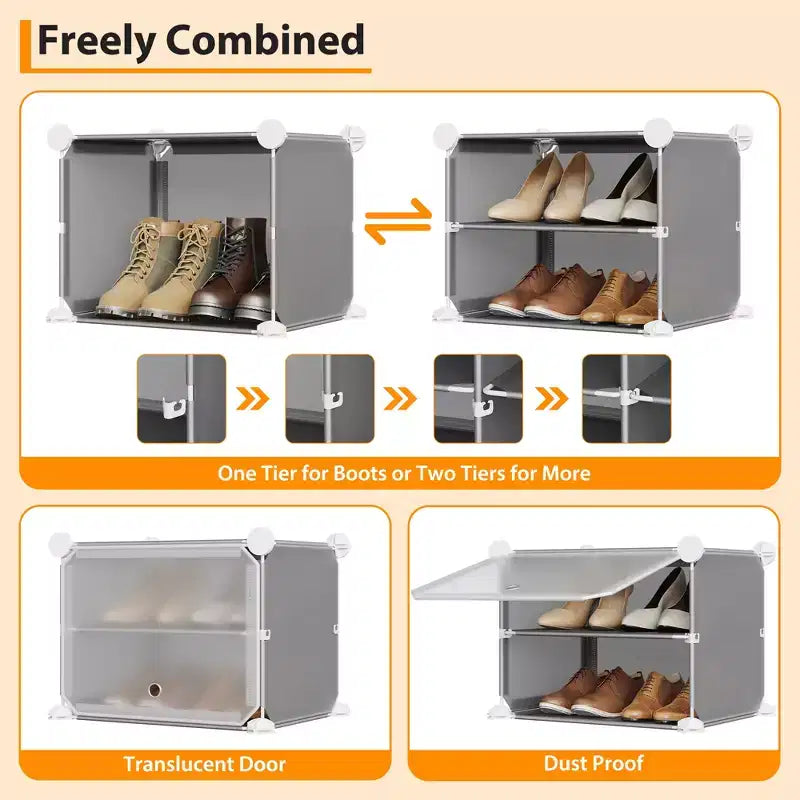 6-Tier Double Row Shoe Rack Organizer with Hooks, Freestanding 12-Cubby Footwear Storage Shelf Unit for Closet Entryway & Bedroom, Black