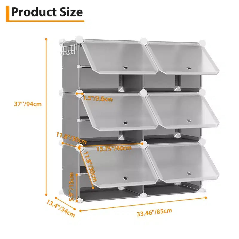 6-Tier Double Row Shoe Rack Organizer with Hooks, Freestanding 12-Cubby Footwear Storage Shelf Unit for Closet Entryway & Bedroom, Black