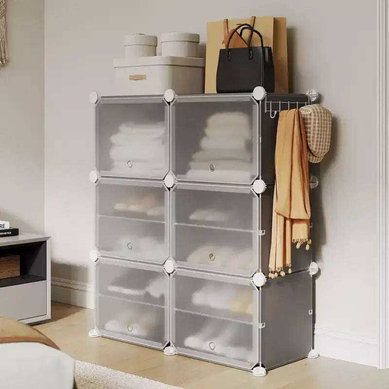 6-Tier Double Row Shoe Rack Organizer with Hooks, Freestanding 12-Cubby Footwear Storage Shelf Unit for Closet Entryway & Bedroom, Black