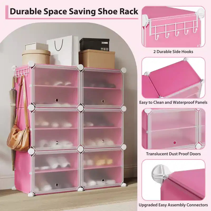 6-Tier Double Row Shoe Rack Organizer with Hooks, Freestanding 12-Cubby Footwear Storage Shelf Unit for Closet Entryway & Bedroom, Black