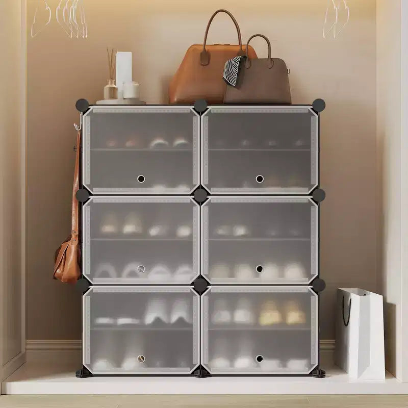 6-Tier Double Row Shoe Rack Organizer with Hooks, Freestanding 12-Cubby Footwear Storage Shelf Unit for Closet Entryway & Bedroom, Black