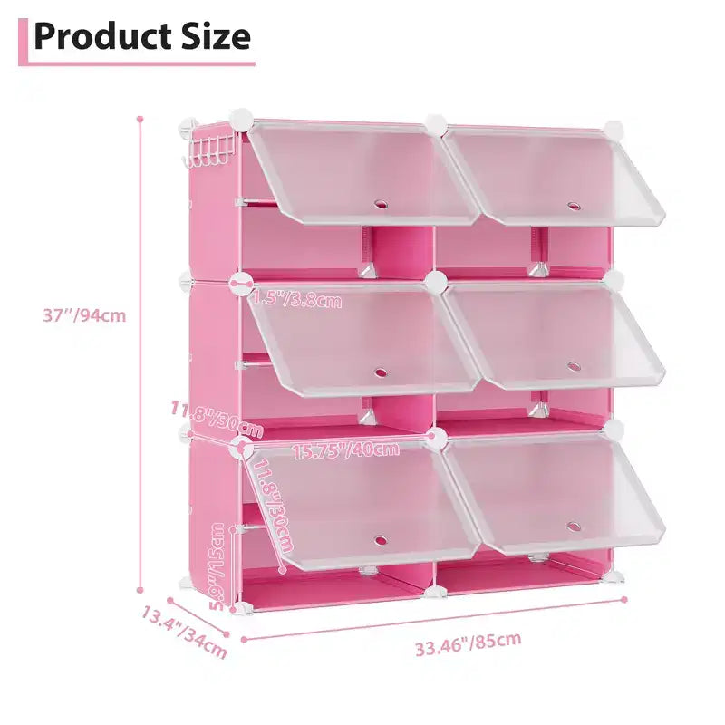 6-Tier Double Row Shoe Rack Organizer with Hooks, Freestanding 12-Cubby Footwear Storage Shelf Unit for Closet Entryway & Bedroom, Black