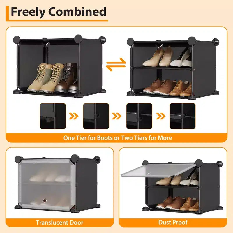 6-Tier Double Row Shoe Rack Organizer with Hooks, Freestanding 12-Cubby Footwear Storage Shelf Unit for Closet Entryway & Bedroom, Black