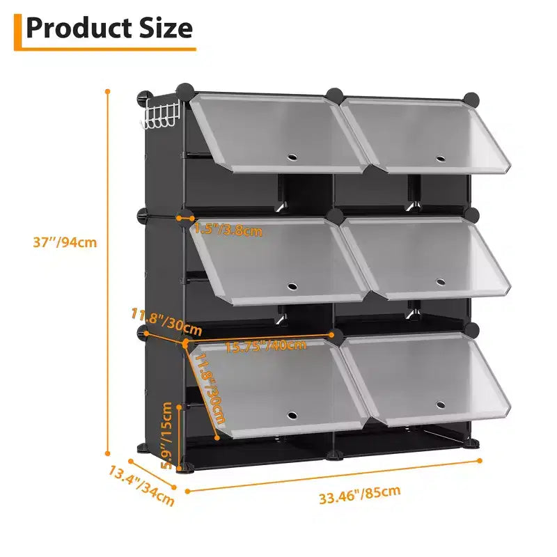 6-Tier Double Row Shoe Rack Organizer with Hooks, Freestanding 12-Cubby Footwear Storage Shelf Unit for Closet Entryway & Bedroom, Black