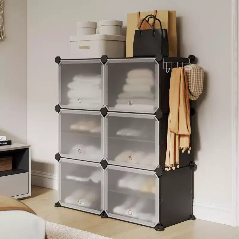 6-Tier Double Row Shoe Rack Organizer with Hooks, Freestanding 12-Cubby Footwear Storage Shelf Unit for Closet Entryway & Bedroom, Black
