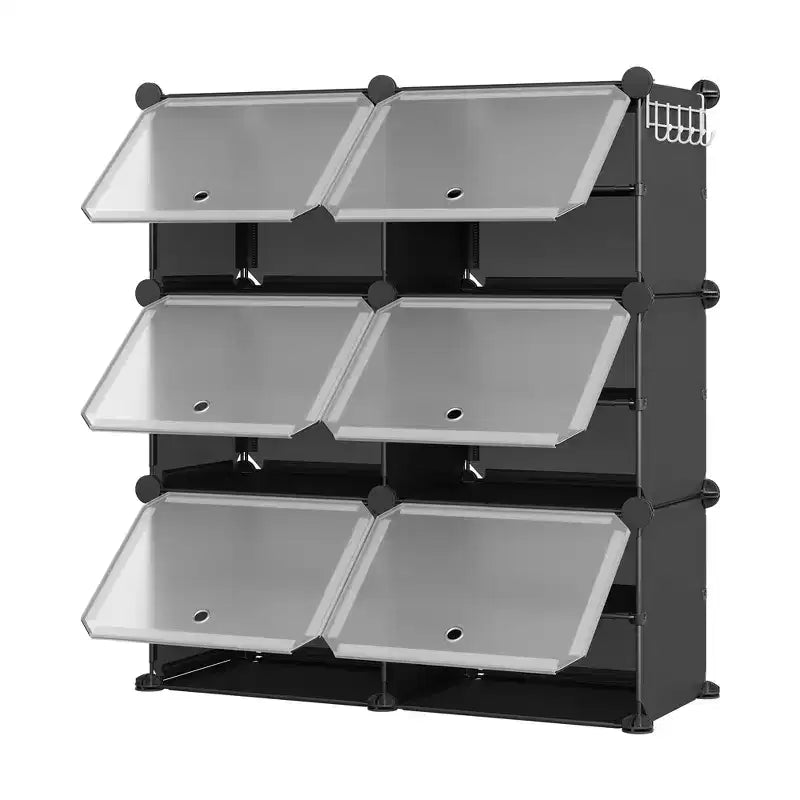 6-Tier Double Row Shoe Rack Organizer with Hooks, Freestanding 12-Cubby Footwear Storage Shelf Unit for Closet Entryway & Bedroom, Black