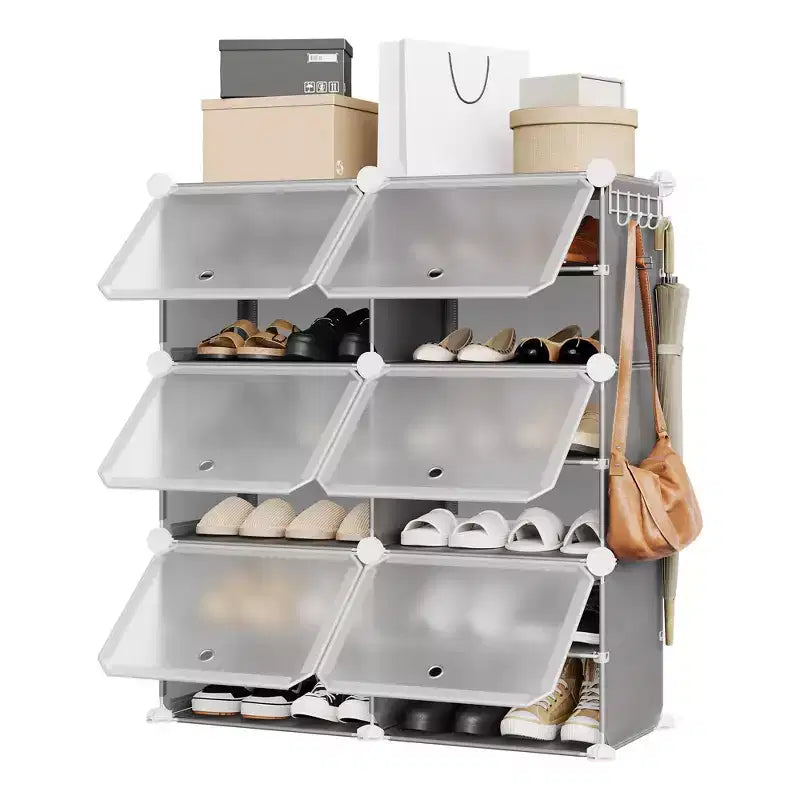 6-Tier Double Row Shoe Rack Organizer with Hooks, Freestanding 12-Cubby Footwear Storage Shelf Unit for Closet Entryway & Bedroom, Black