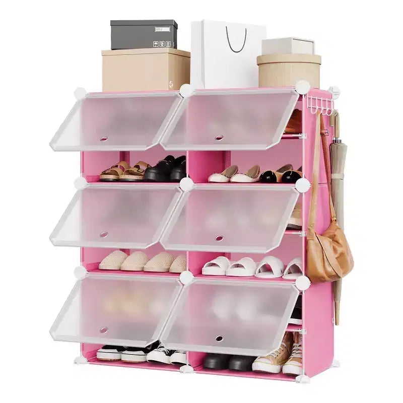 6-Tier Double Row Shoe Rack Organizer with Hooks, Freestanding 12-Cubby Footwear Storage Shelf Unit for Closet Entryway & Bedroom, Black