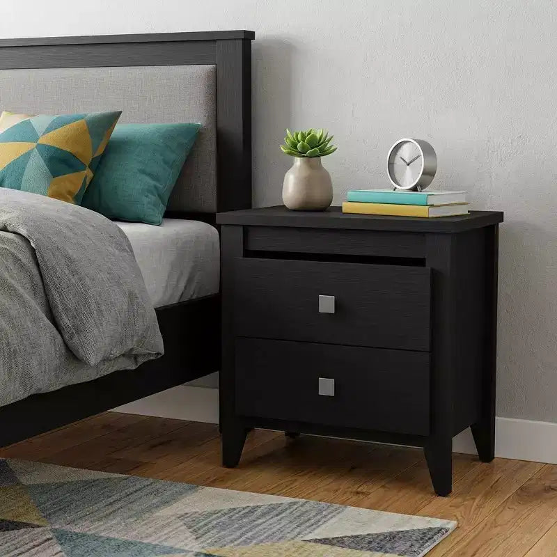 HomeRoots 24 Black Wood Two Drawer Nightstand