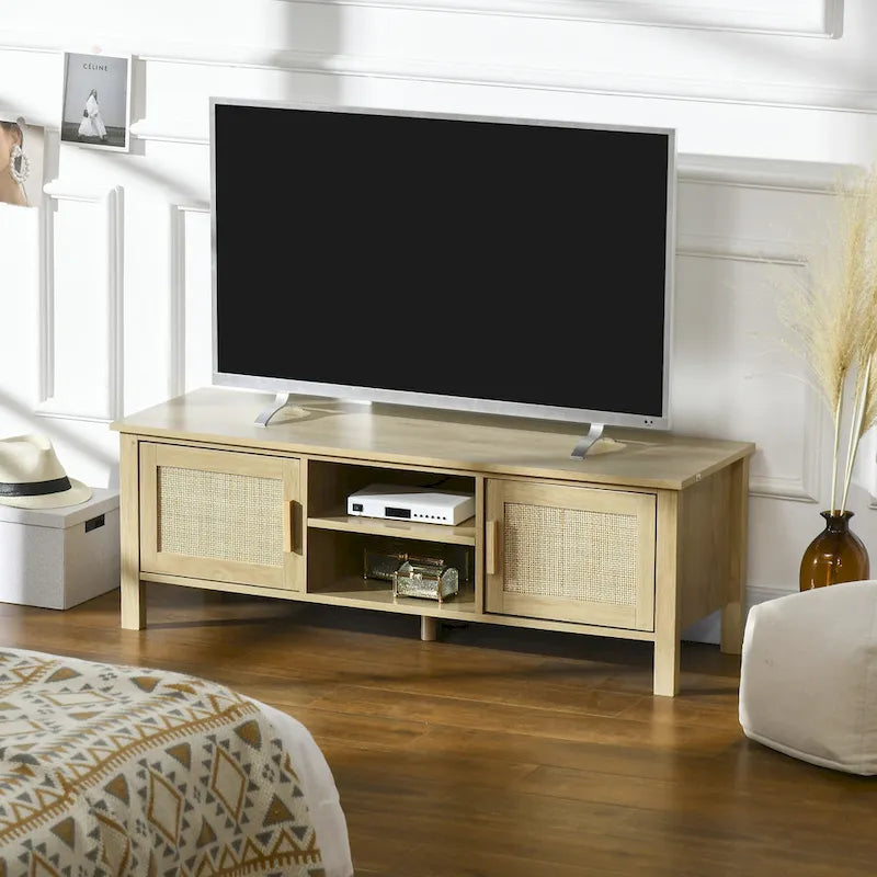 47.3 TV Stand with Rattan Door & Storage for Under 60 TVs