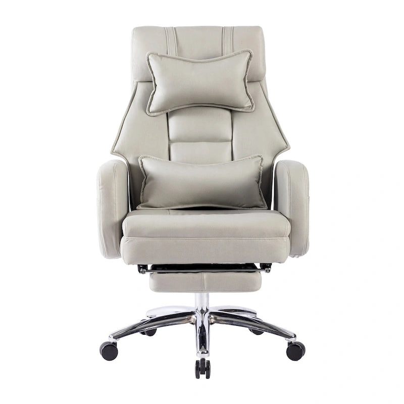 Light Grey Leather Swivel Office Recliner, Lumbar Support, Footrest