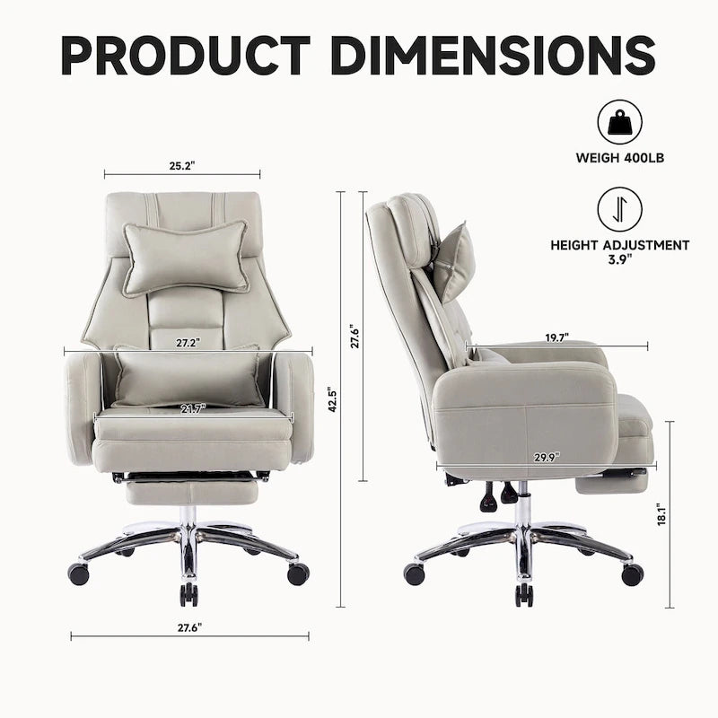 Light Grey Leather Swivel Office Recliner, Lumbar Support, Footrest