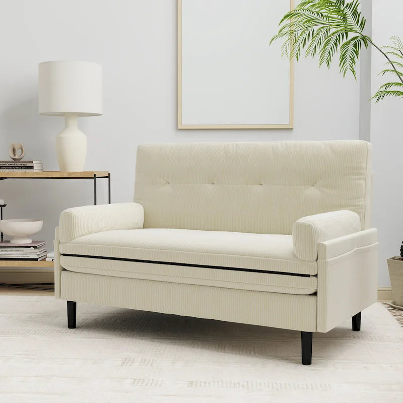 Ivory 55.11 Multi-Functional Corduroy Loveseat, Convertible Lounge Chair, Bed