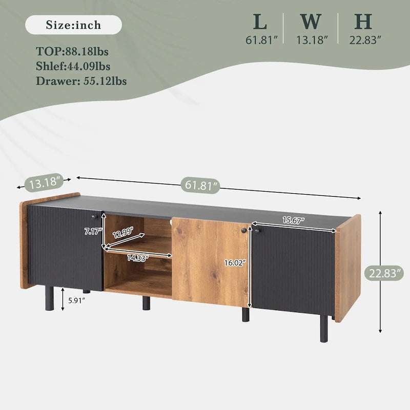 Brown 61" TV Stand with 3 Cabinets for Up to 70" TVs