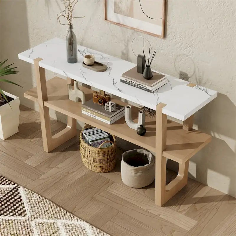 Console da Ingresso Retro Elegante con Piano Effetto Marmo e Contenitore Versatile