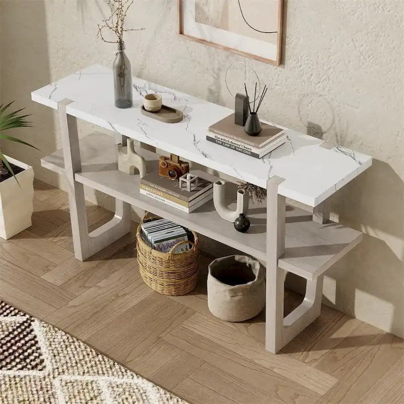 Console da Ingresso Retro Elegante con Piano Effetto Marmo e Contenitore Versatile