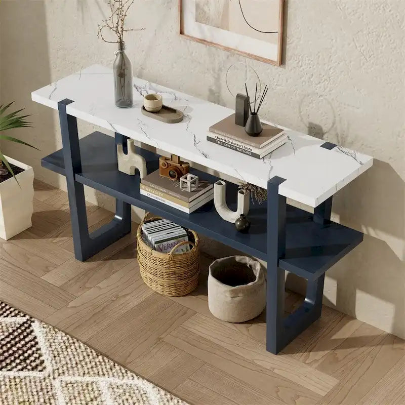 Console da Ingresso Retro Elegante con Piano Effetto Marmo e Contenitore Versatile