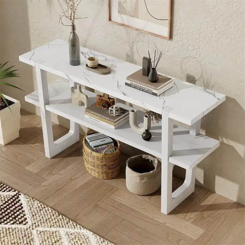 Console da Ingresso Retro Elegante con Piano Effetto Marmo e Contenitore Versatile
