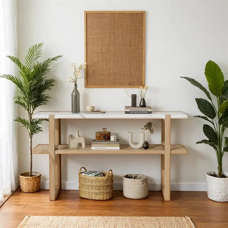 Console da Ingresso Retro Elegante con Piano Effetto Marmo e Contenitore Versatile