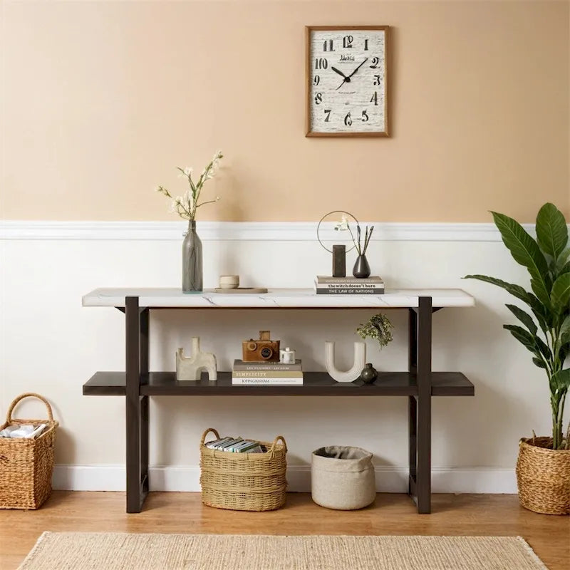 Console da Ingresso Retro Elegante con Piano Effetto Marmo e Contenitore Versatile