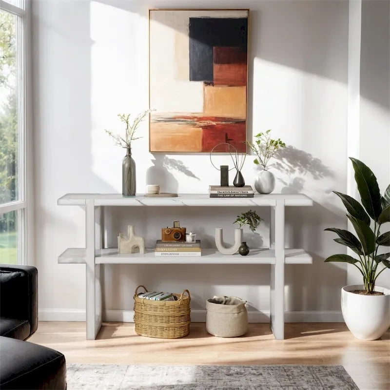 Console da Ingresso Retro Elegante con Piano Effetto Marmo e Contenitore Versatile