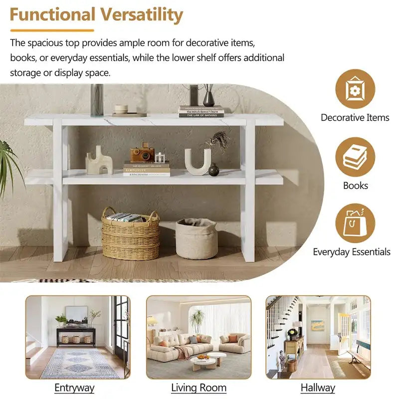 Retro Elegant Console Table with Marble-Effect Top & Versatile Storage