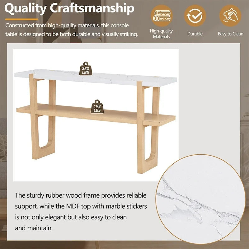Retro Elegant Console Table with Marble-Effect Top & Versatile Storage