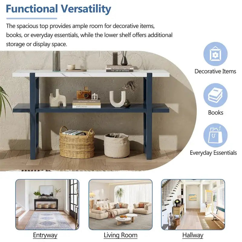 Retro Elegant Console Table with Marble-Effect Top & Versatile Storage
