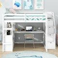 Letto a soppalco full-size con scrivania e mensole, due cassetti integrati, scala contenitore