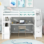 Letto a soppalco full-size con scrivania e mensole, due cassetti integrati, scala contenitore