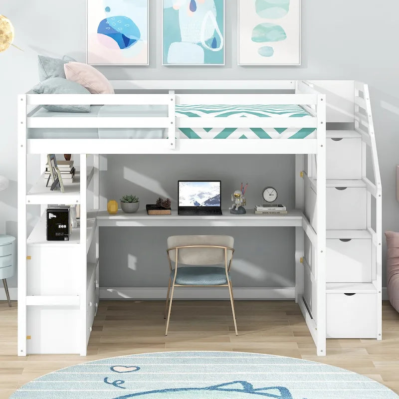 Letto a soppalco full-size con scrivania e mensole, due cassetti integrati, scala contenitore