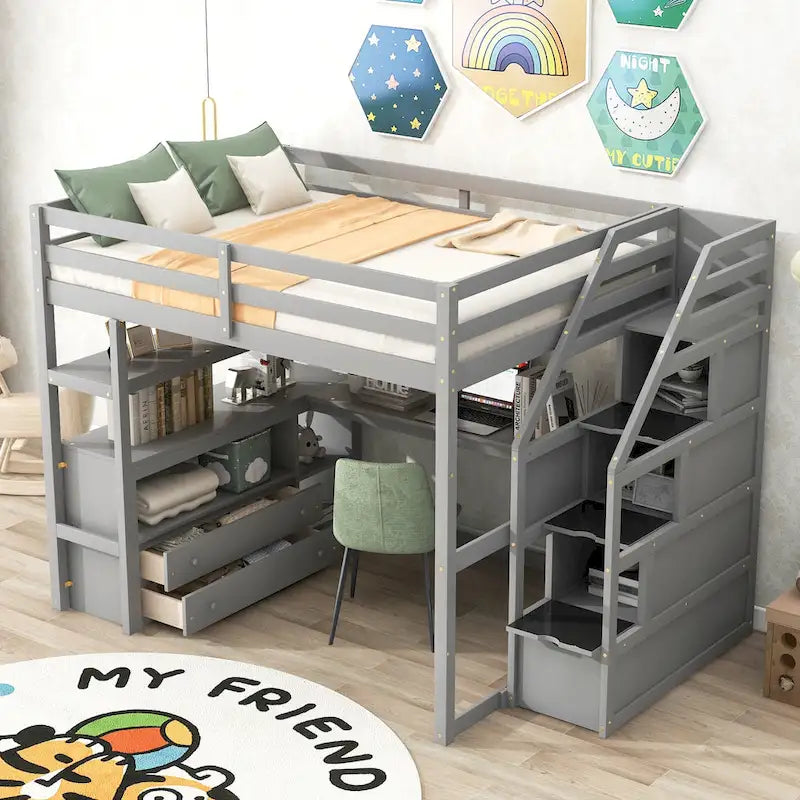 Letto a soppalco full-size con scrivania e mensole, due cassetti integrati, scala contenitore