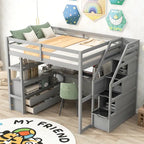 Letto a soppalco full-size con scrivania e mensole, due cassetti integrati, scala contenitore