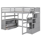 Letto a soppalco full-size con scrivania e mensole, due cassetti integrati, scala contenitore