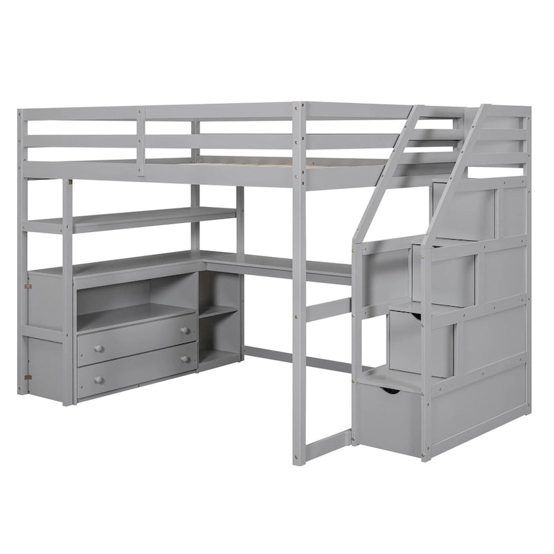 Letto a soppalco full-size con scrivania e mensole, due cassetti integrati, scala contenitore