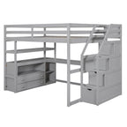 Letto a soppalco full-size con scrivania e mensole, due cassetti integrati, scala contenitore