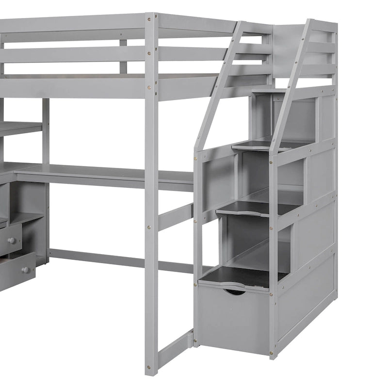 Letto a soppalco full-size con scrivania e mensole, due cassetti integrati, scala contenitore