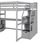 Letto a soppalco full-size con scrivania e mensole, due cassetti integrati, scala contenitore