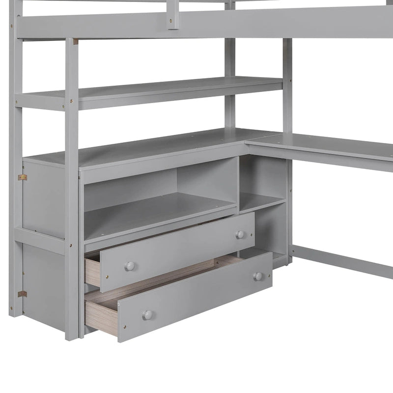 Letto a soppalco full-size con scrivania e mensole, due cassetti integrati, scala contenitore