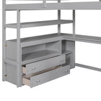 Letto a soppalco full-size con scrivania e mensole, due cassetti integrati, scala contenitore