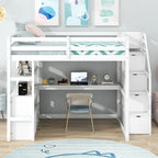 Letto a soppalco full-size con scrivania e mensole, due cassetti integrati, scala contenitore