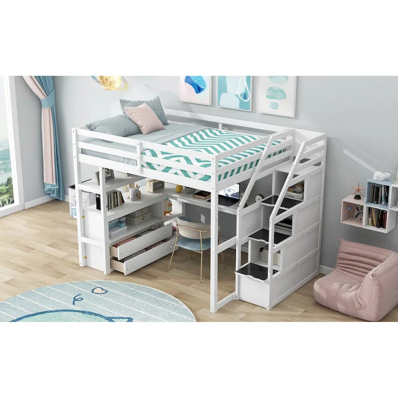 Letto a soppalco full-size con scrivania e mensole, due cassetti integrati, scala contenitore