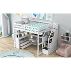 Letto a soppalco full-size con scrivania e mensole, due cassetti integrati, scala contenitore