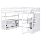 Letto a soppalco full-size con scrivania e mensole, due cassetti integrati, scala contenitore